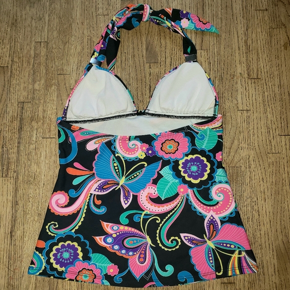 CANDIE'S Bright Neon Colorful Rainbow Floral Butterfly Halter Tankini Top Sz XS - Picture 10 of 16